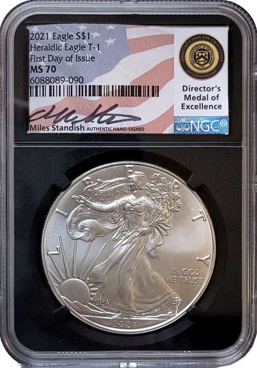 2021 Silver American Eagle - NGC MS70 - First Day of Issue - Miles Standish - GMR-LM-2365