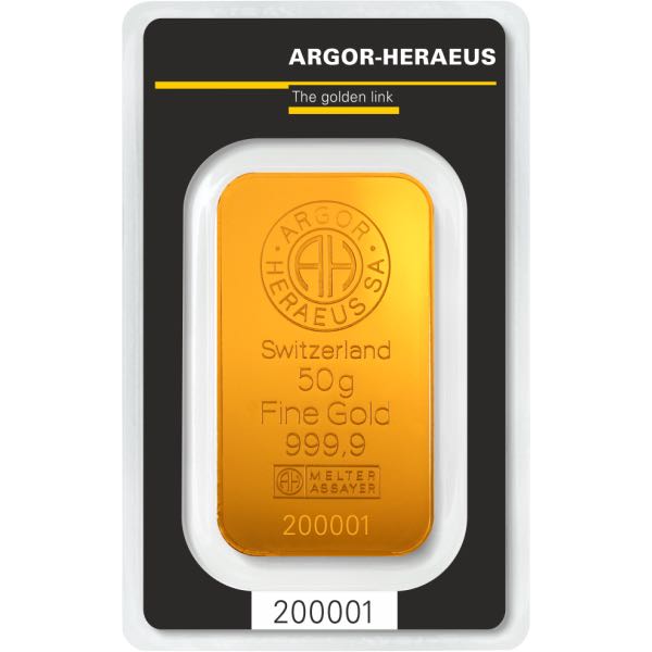 GOLD BARS ASSORTED WEIGHTS - 50 GRAM GOLD BAR ARGOR-HERAEUS