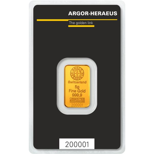 GOLD BARS ASSORTED WEIGHTS - 5 GRAM GOLD BAR ARGOR-HERAEUS KINEBAR