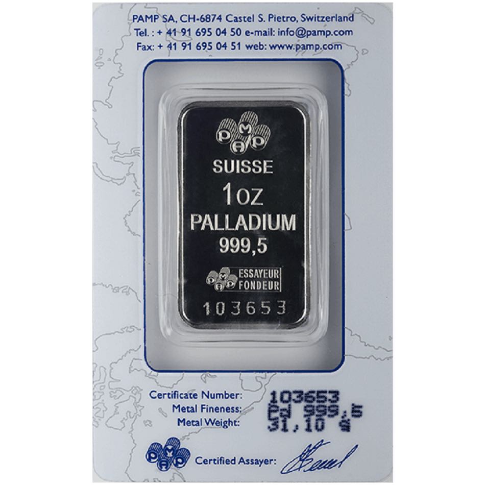 1 oz Palladium Bar - PAMP Suisse Lady Fortuna Design (Assay Card)